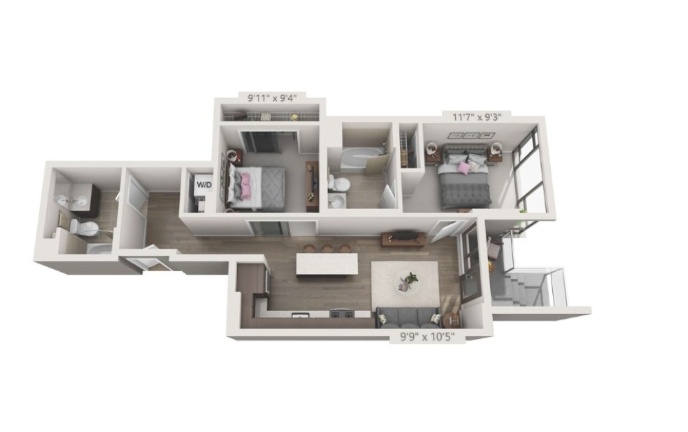 2 Bedroom 2 Bath A1 - 2 bedroom floorplan layout with 2 bathrooms and 782 square feet