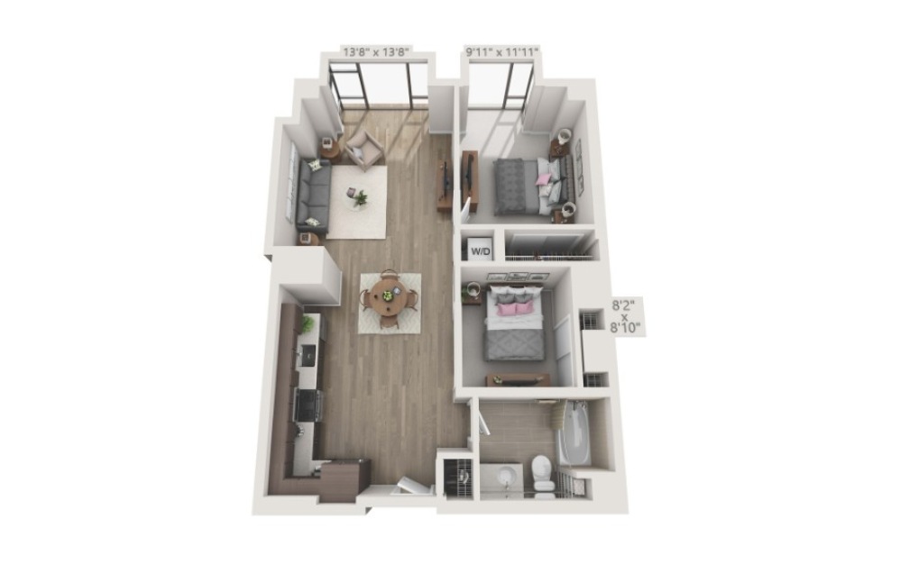 2 Bedroom 2 Bath C  - 2 bedroom floorplan layout with 2 bathrooms and 973 square feet